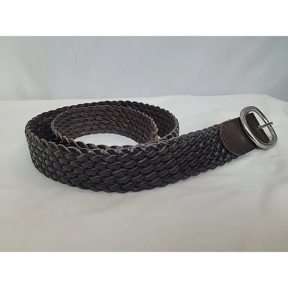 Talbots Leather Braided Belt Oval Silver Tone Buckle #6113 Size Small Brown